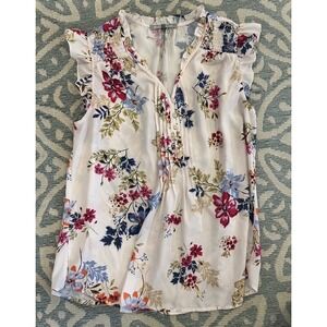 Danielrainn Women's Top M White Pink Floral Career Casual Smocked Pleated